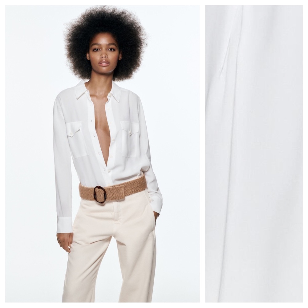 NWT. Zara White Flowy Shirt with Pockets. Size XS. - Picture 1 of 12